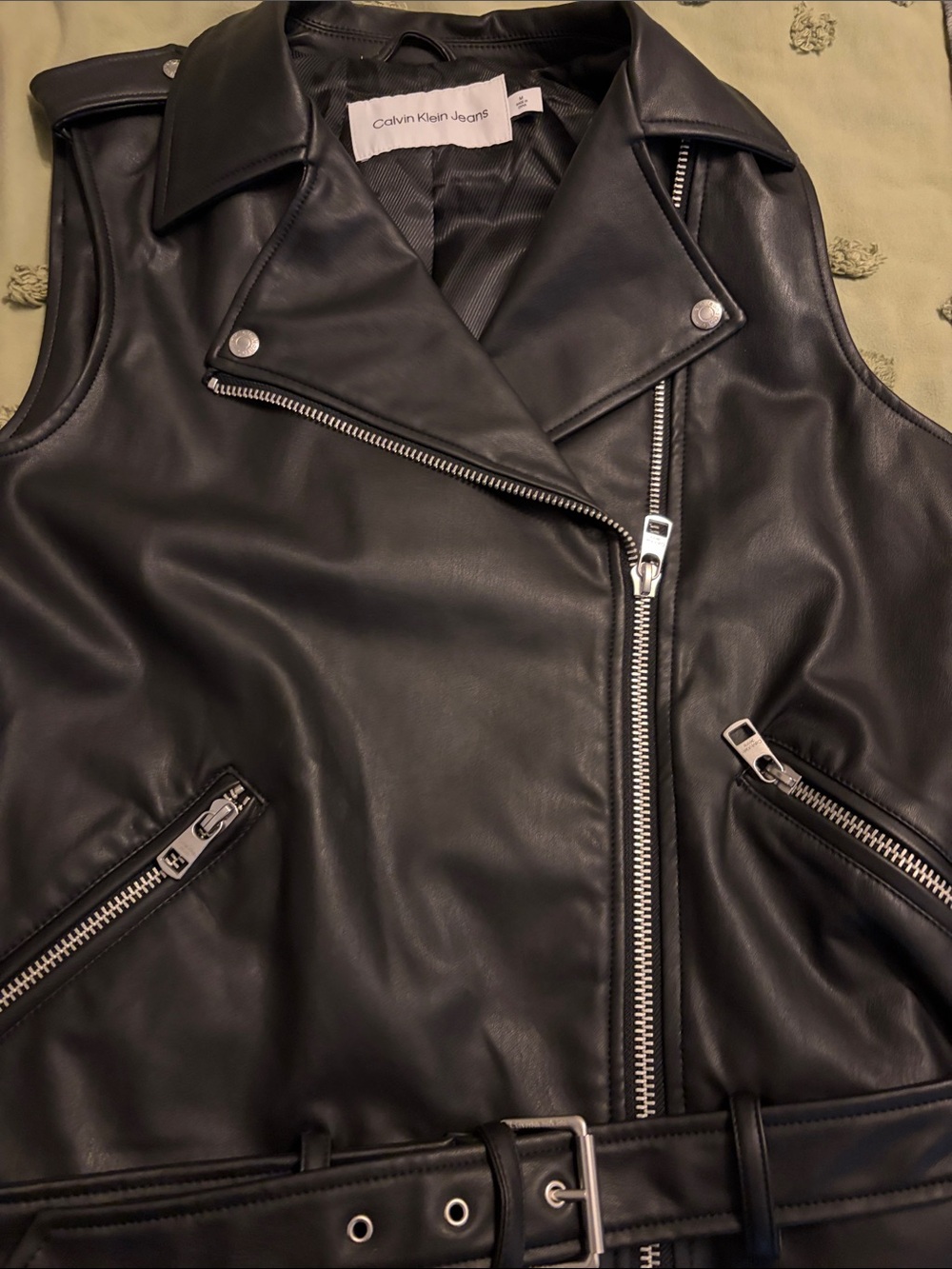 Calvin Klein Jeans Black Faux Leather Moto Vest with Belt - Picture 3 of 4
